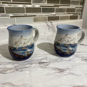 Vintage Stonware mugs ocean themed Seagulls boats marina